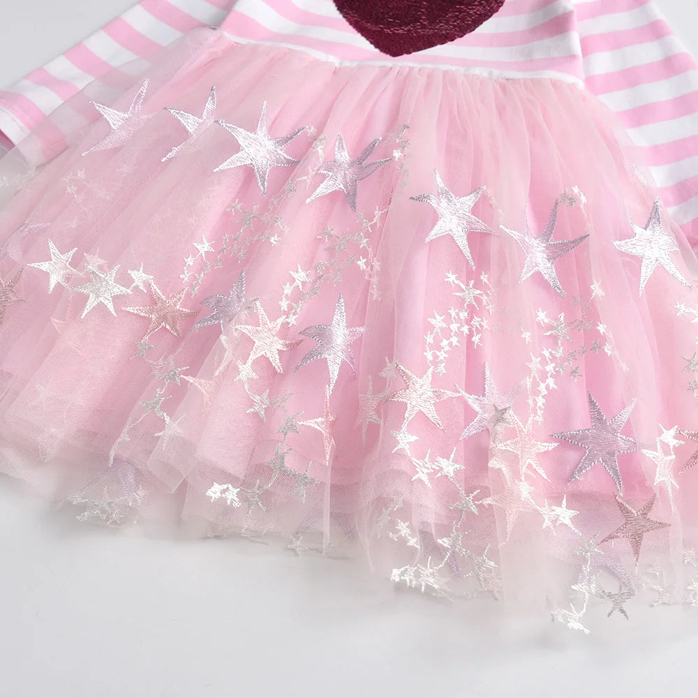 Vestido Infantil Manga Longa Listras Com Coração De Paetê  Saia Em Tule Com Estrelas