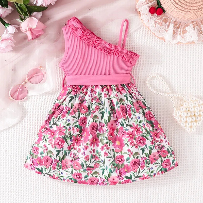 Vestido Infantil Um Ombro Só Com Babado E Laço Com Saia Floral