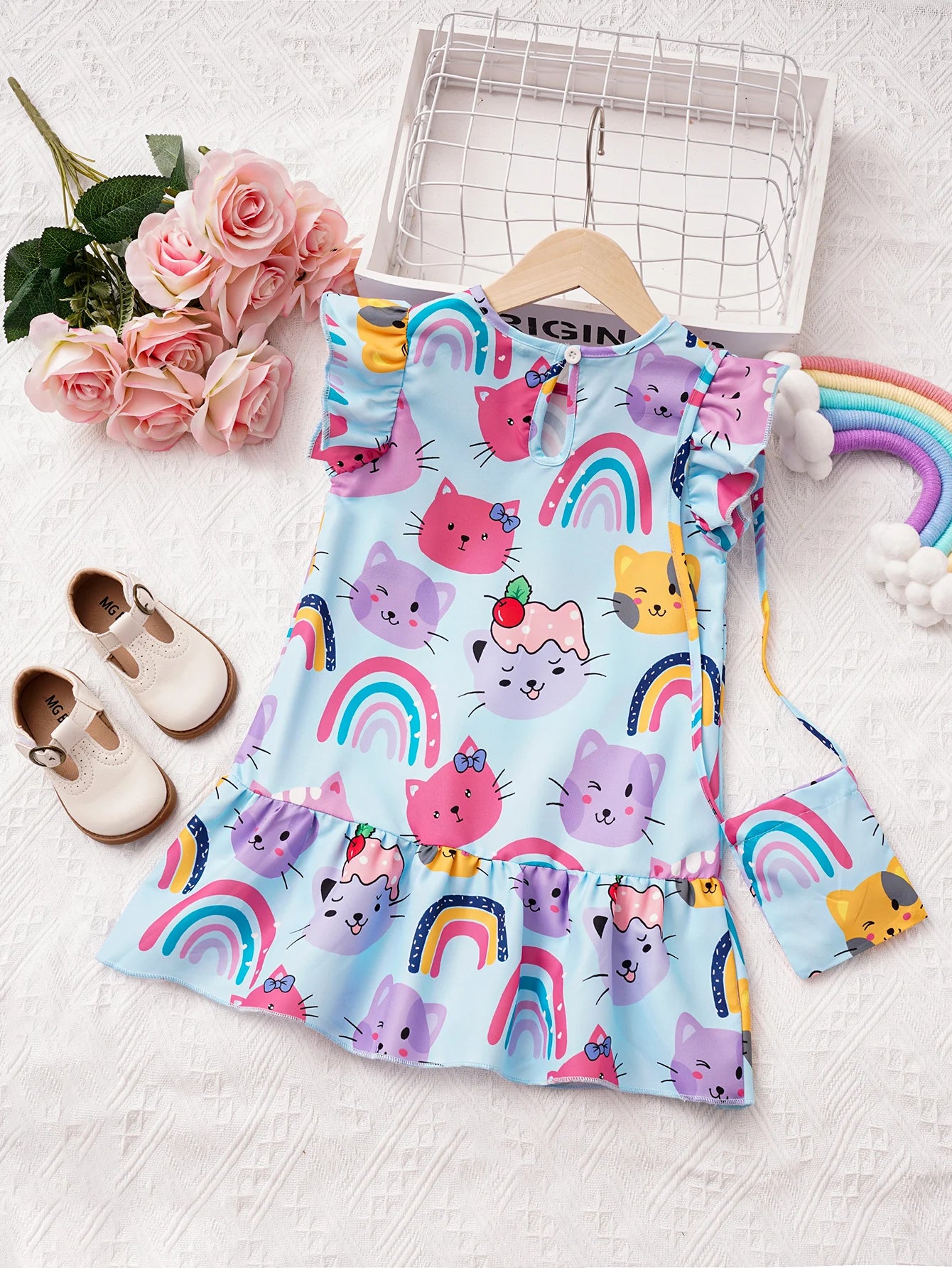 Vestido Infantil Estampa De Gatinhos E Manga De Babado