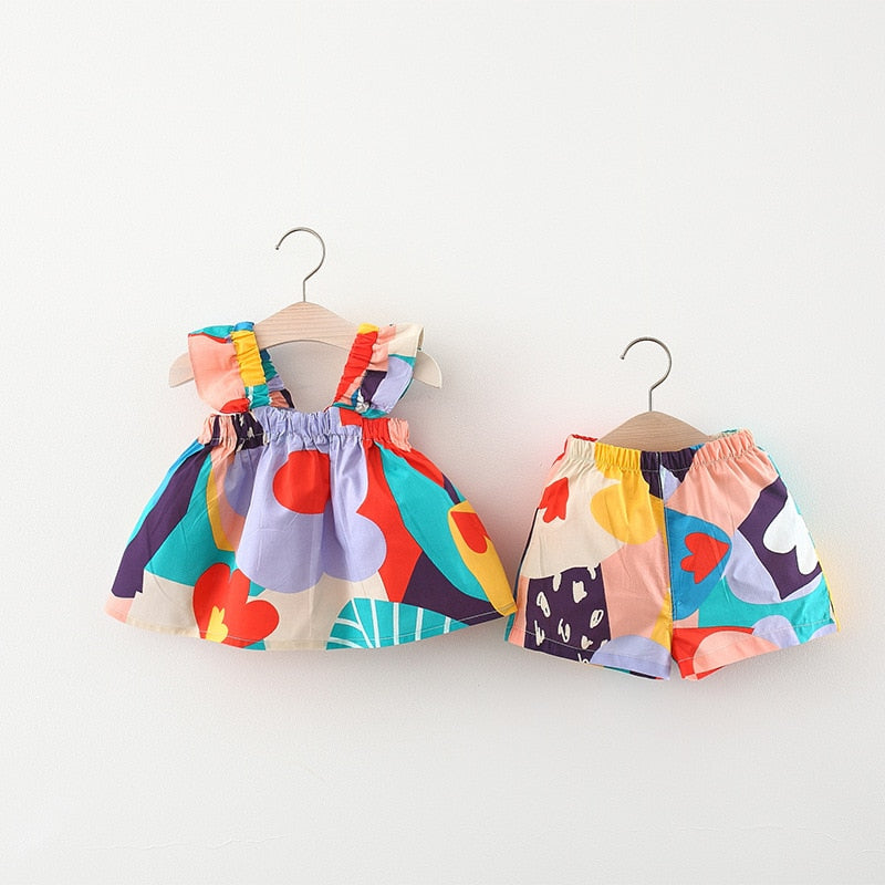 Conjunto Infantil Floral Regata Manga Com Babado e Shorts