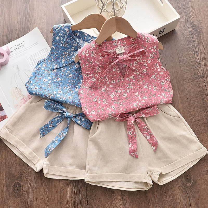 Conjunto Regata Floral Shorts Bege Com Laço