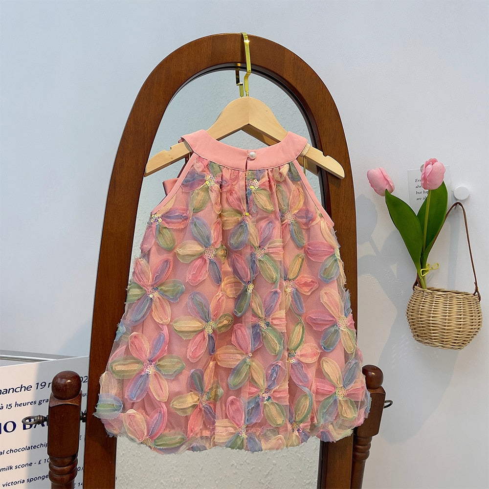 Vestido Infantil Aplicações De Flores Gola Com Laço