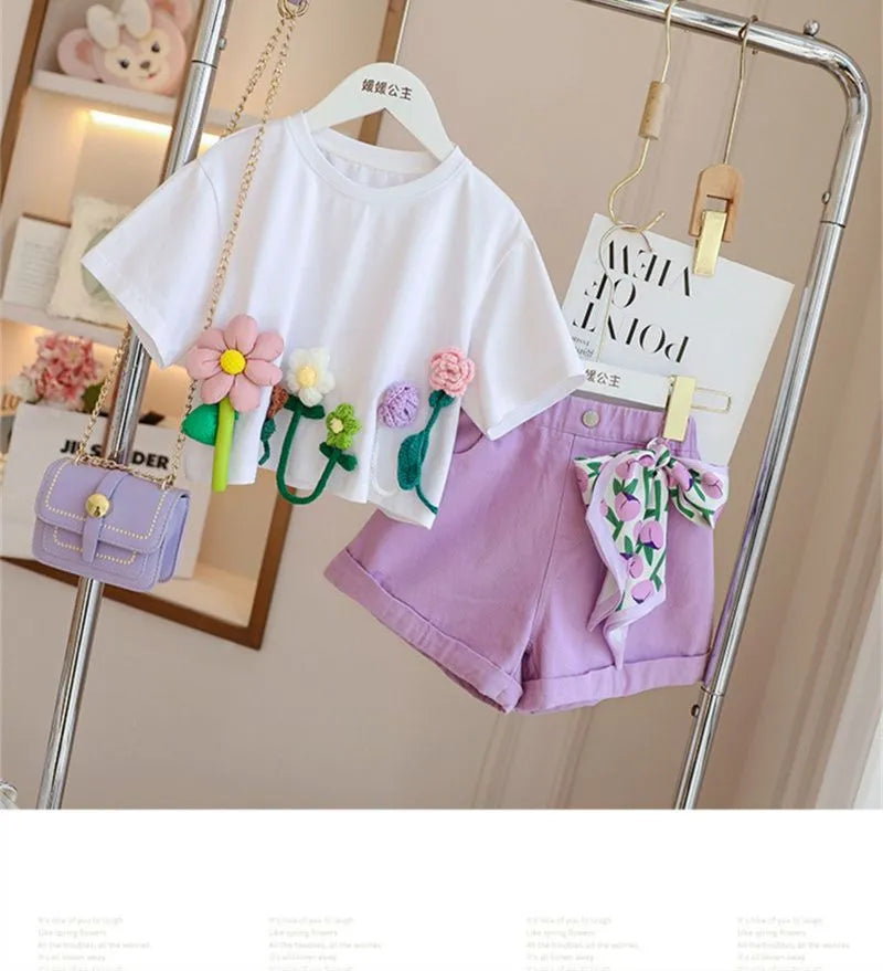 Conjunto Infantil Blusa Com Flores em 3D e Shorts Com Laço