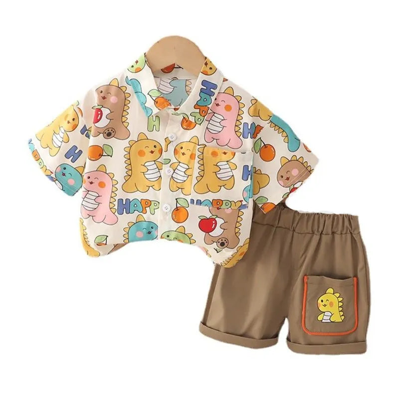 Conjunto Infantil Camisa Estampa De Dinossauros Fofos E Bermuda Casual