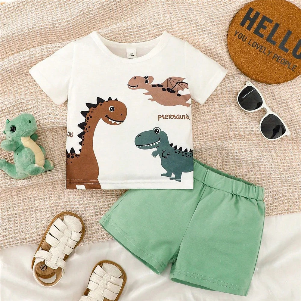 Conjunto Infantil Blusa Com Estampa De Dinossauro E Bermuda