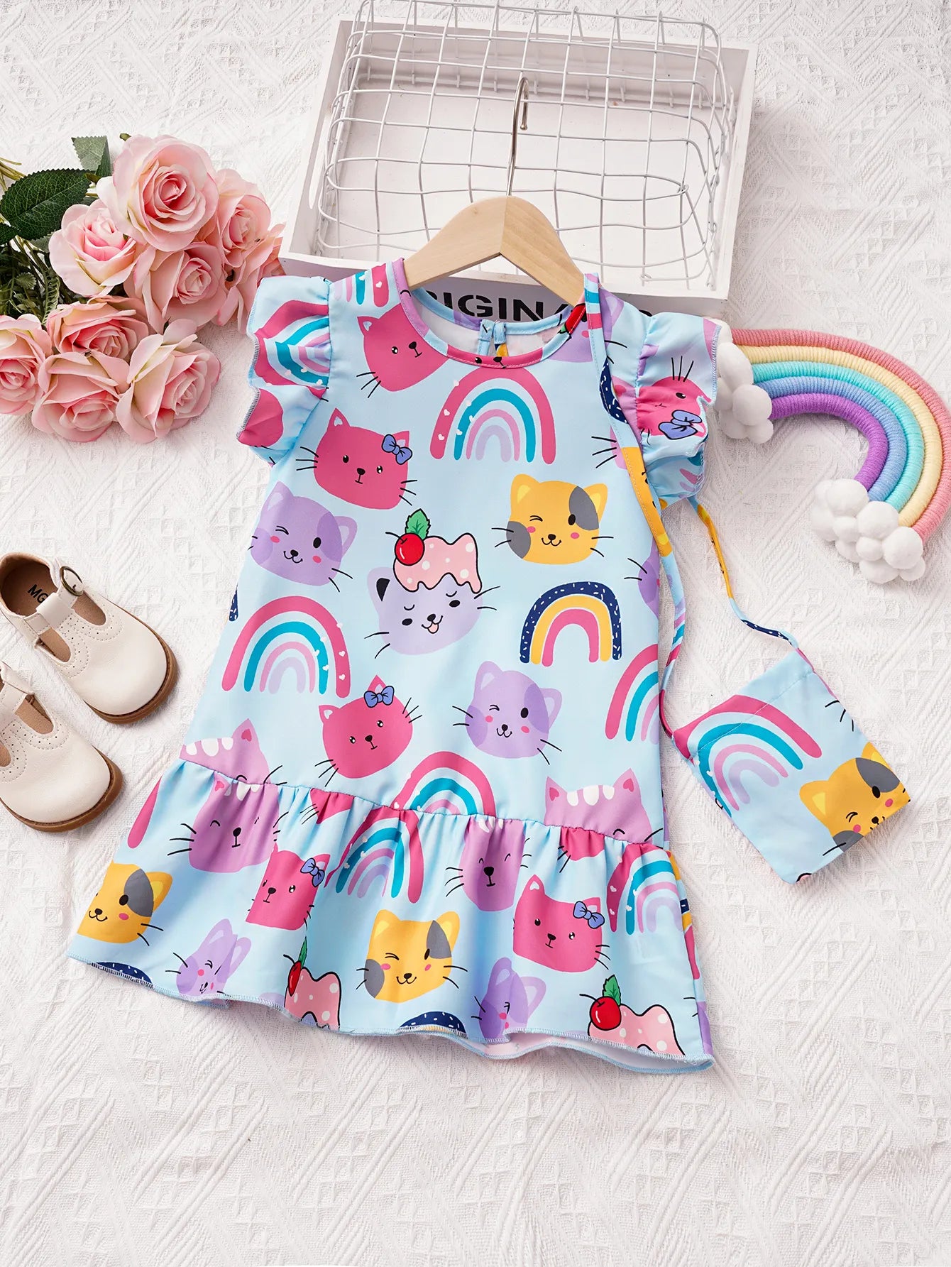 Vestido Infantil Estampa De Gatinhos E Manga De Babado