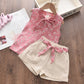 Conjunto Regata Floral Shorts Bege Com Laço