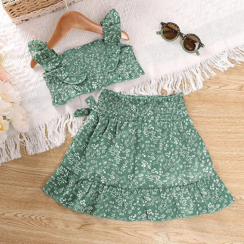 Conjunto Infantil Top e Saia Floral Com Babados