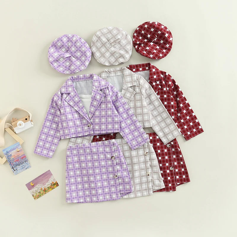 Conjunto Infantil 4 Peças Blazer, Saia E Boina Xadrez E Top