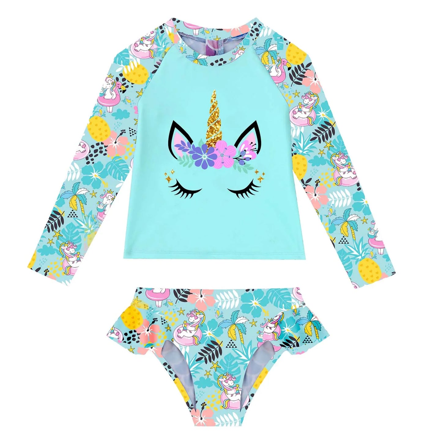 Conjunto Infantil Biquíni Blusa Manga Longa Unicórnio  E Calcinha