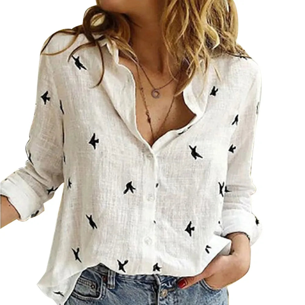 Camisa Feminina Casual Estampa De Pássaros