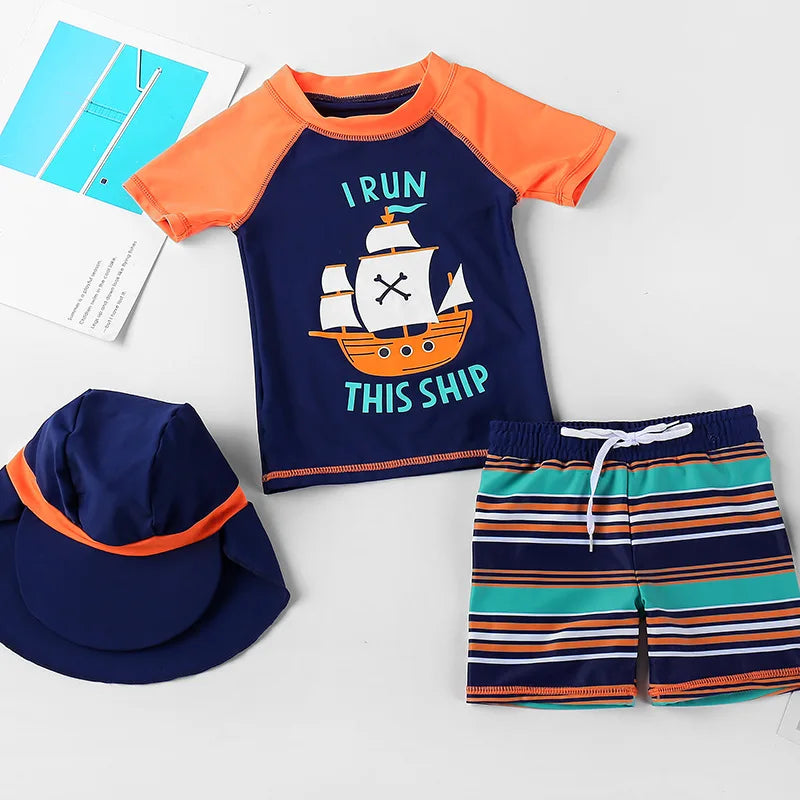 Conjunto Infantil Roupa De Banho Estampado Blusa, Bermuda E Chapéu