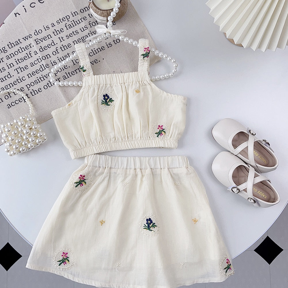 Conjunto Infantil Saia e Cropped Bordado de Flores