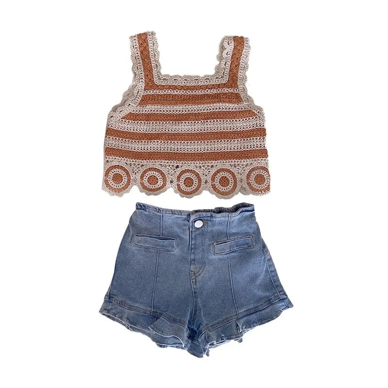 Conjunto Infantil Cropped De Crochê E Shorts Jeans