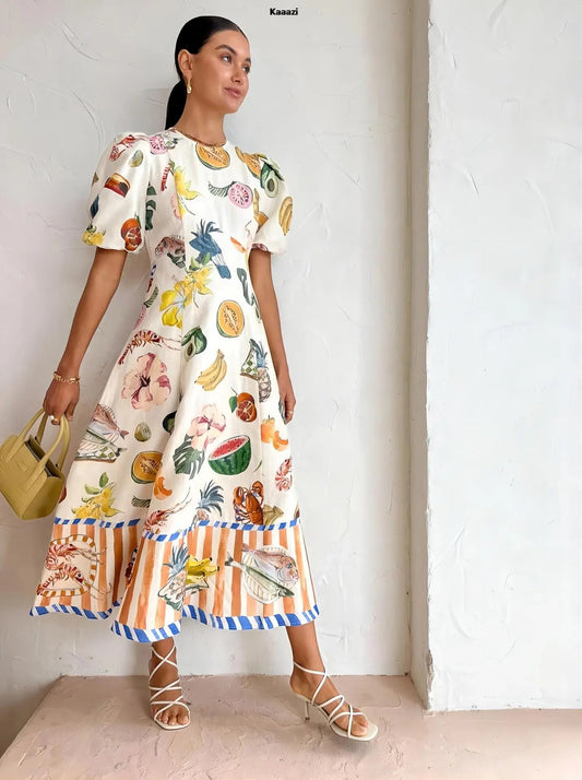 Vestido Midi Com Estampas de Frutas