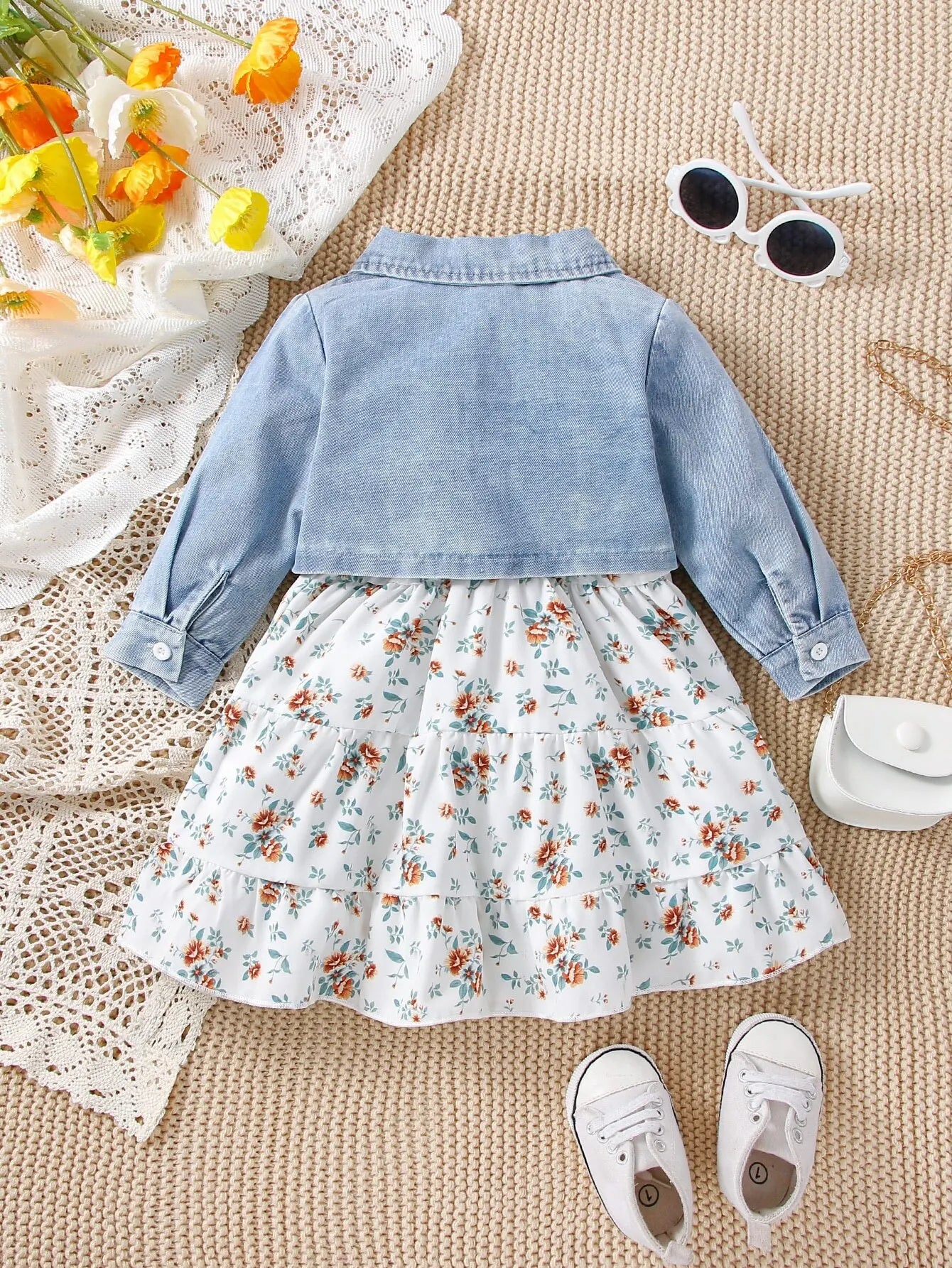 Conjunto Infantil Vestido Floral E Jaqueta Jeans