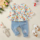 Conjunto Infantil Blusa Manga Longa Floral Calça Jeans Despojada