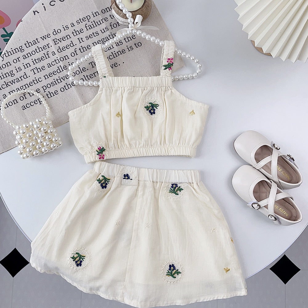 Conjunto Infantil Saia e Cropped Bordado de Flores