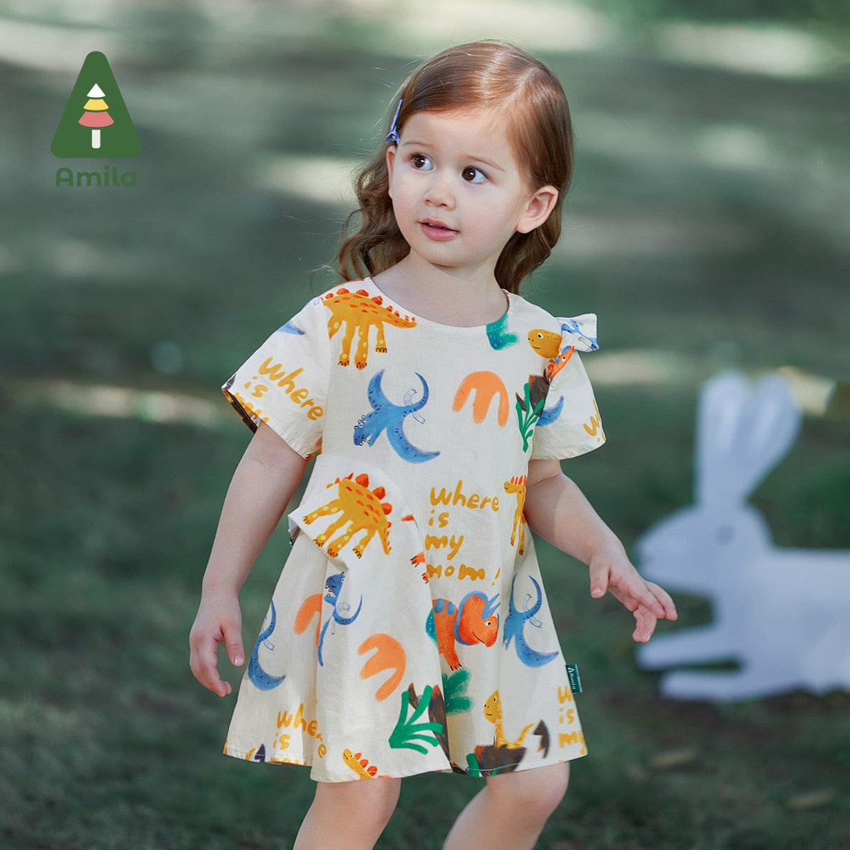 Vestido Infantil Estampa Dinossauro Assimétrico na Lateral