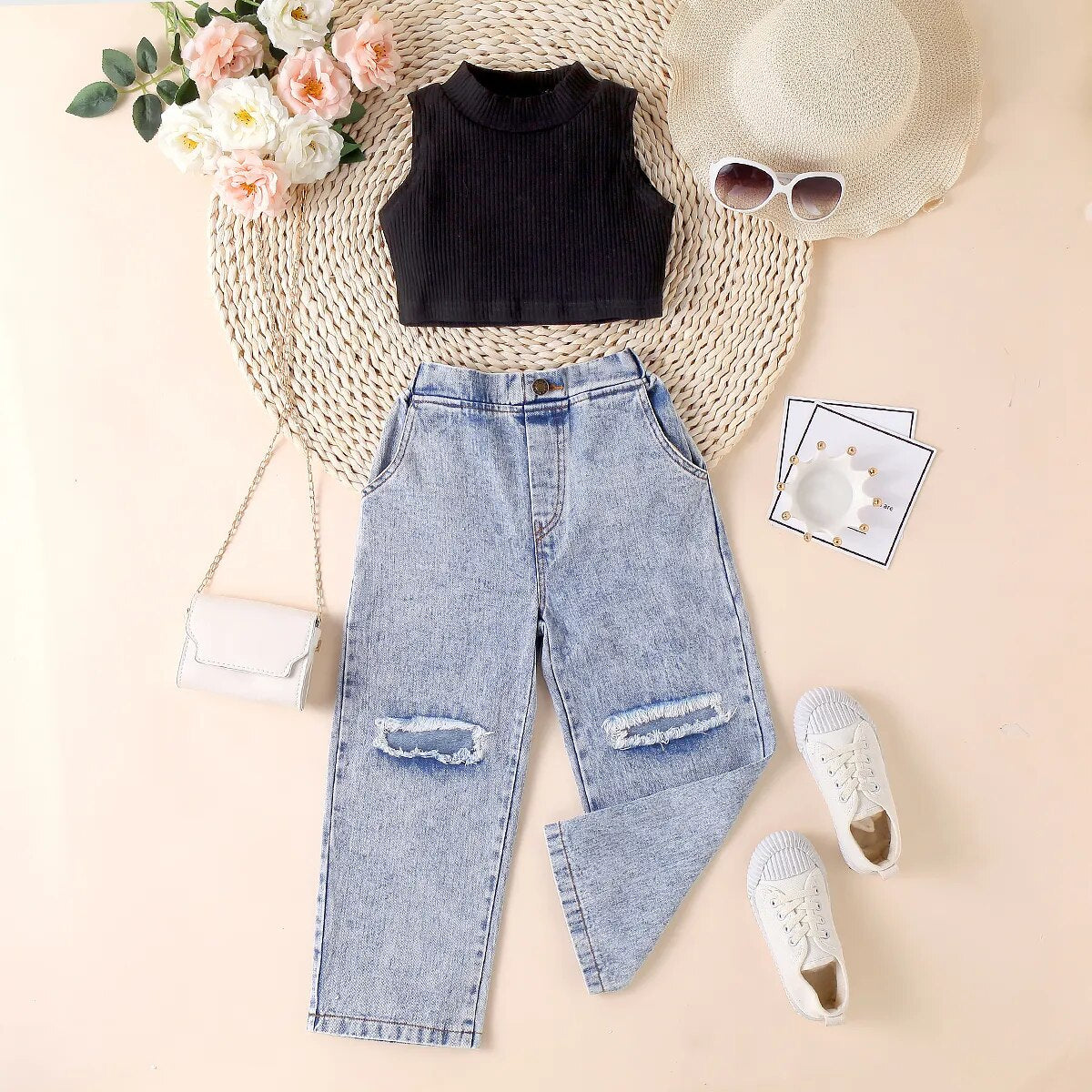 Conjunto Cropped Canelado E Calça Jeans