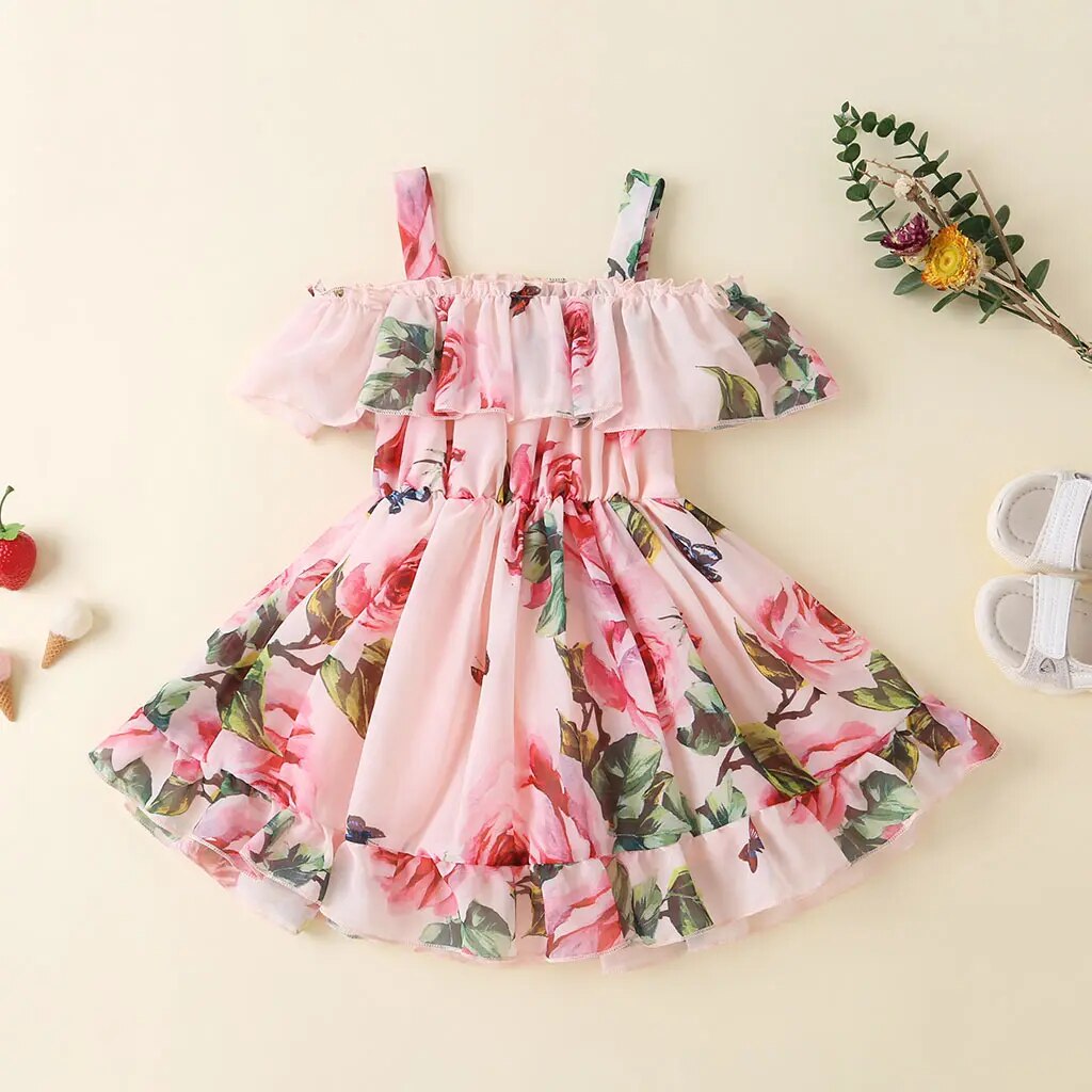 Vestido Infantil Floral Rodado Ombro Á Ombro