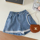 Blusa Infantil  Babados Mini Bolsa e Shorts Jeans Renda Barra