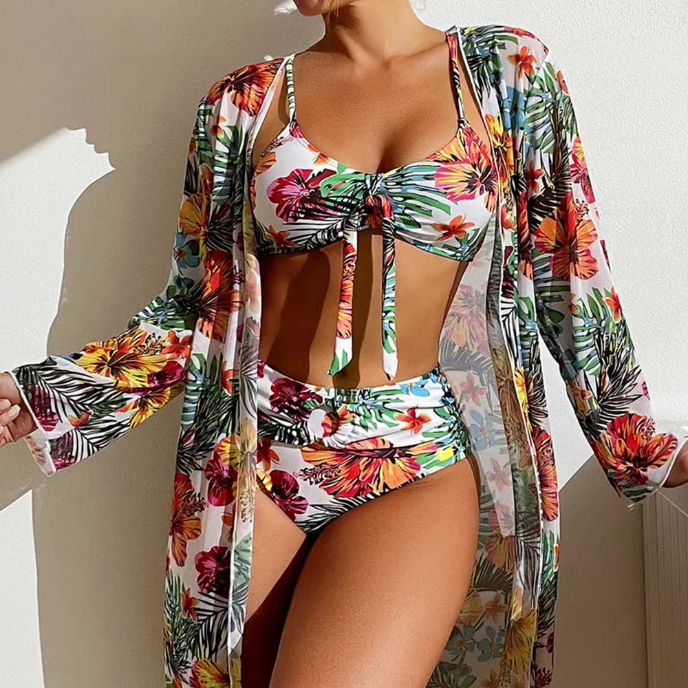 Conjunto Biquíni + Saída de Praia Com Estampas Florais