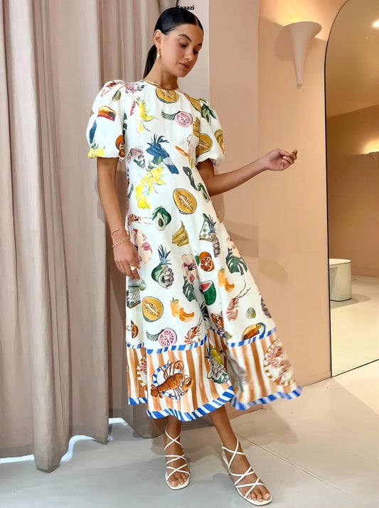 Vestido Midi Com Estampas de Frutas