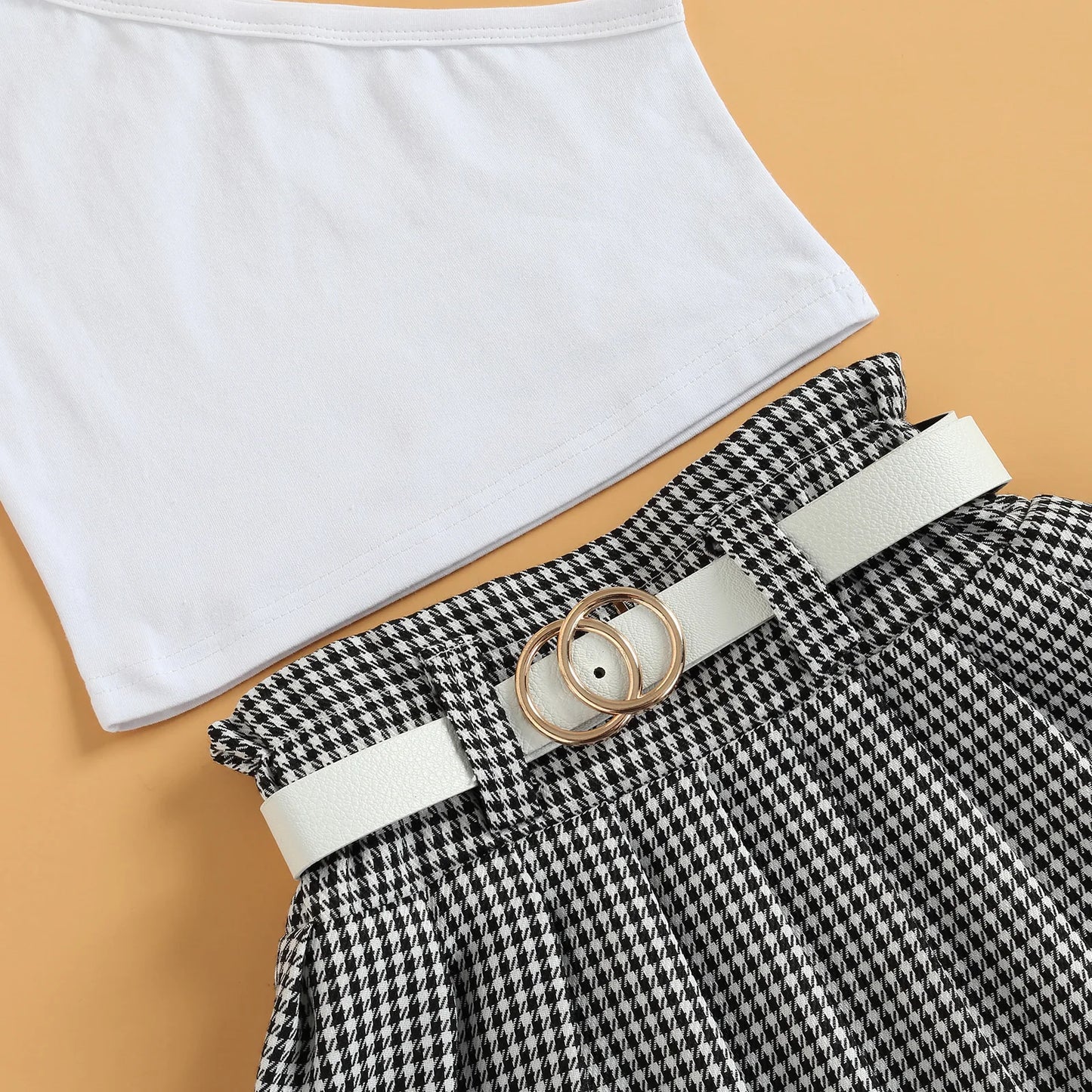 Conjunto Infantil Cropped Um Ombro Só E Saia Xadrez Com Pregas