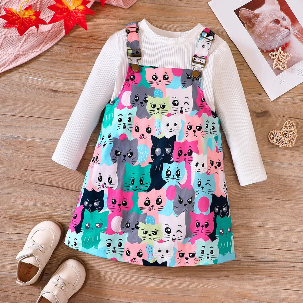 Conjunto Infantil Jardineira Estampa De Gatinhos E Blusa Manga Longa Canelada