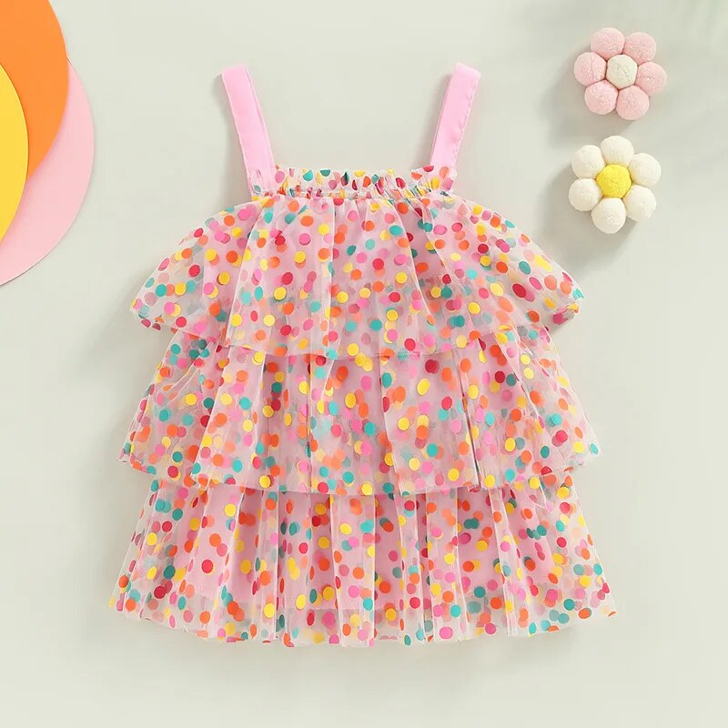 Vestido Infantil Com Babados Em Tule Com Bolinhas Coloridas