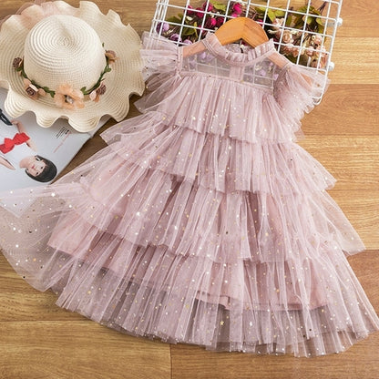 Vestido Infantil Tule em Camadas Com Estrelinhas