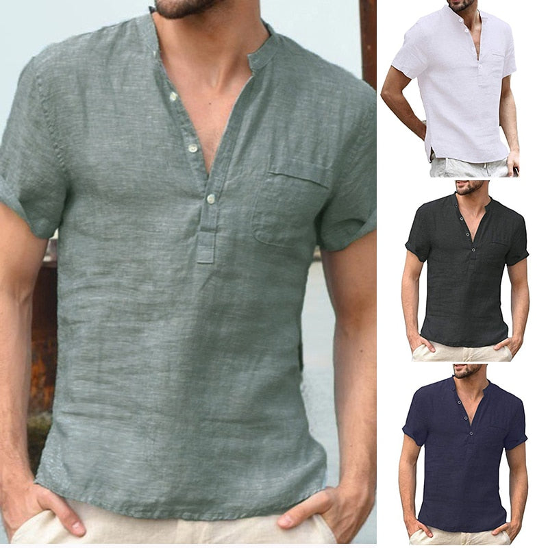 Camisa Masculina Casual em Linho Manga Curta