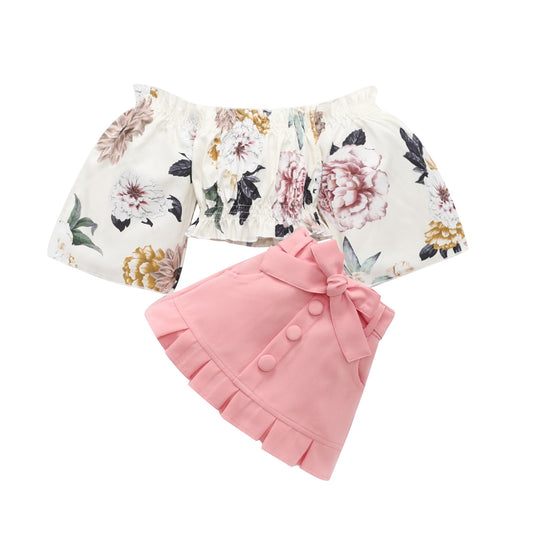 Conjunto Meninas Floral Blusa Ombro a Ombro + Saia Botões