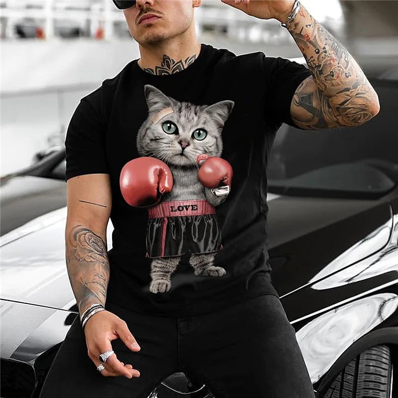 Camiseta Masculina 3D Gato Boxeador