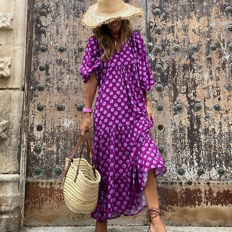 Vestido Longo Boho Estampado Manga Puff