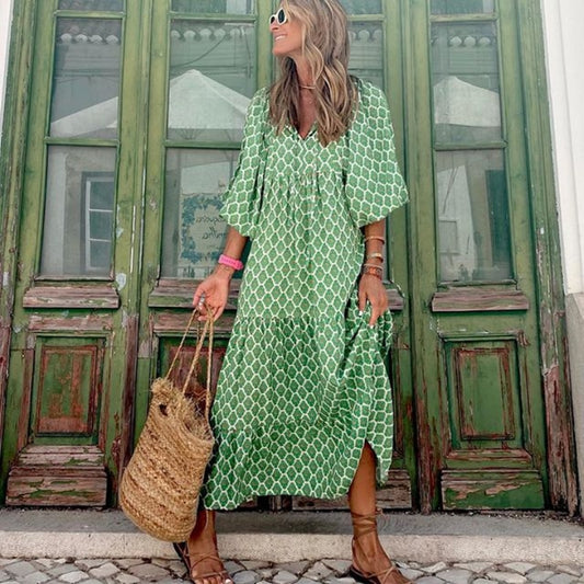 Vestido Longo Boho Estampado Manga Puff