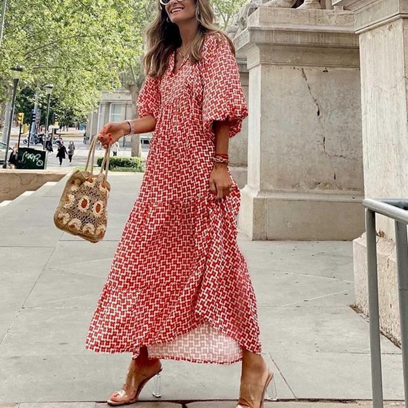 Vestido Longo Boho Estampado Manga Puff