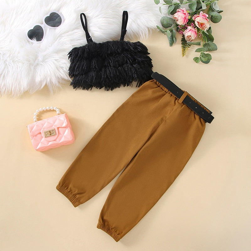 Conjunto Infantil 3 Peças Meninas de 2 à 6 Anos top Peludo+Calça+Cinto Bolsa