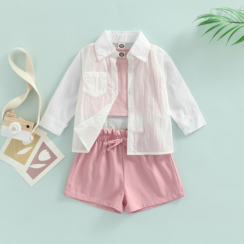 Conjunto Meninas 3 Peças Camisa Manga Longa + Regata +Shorts