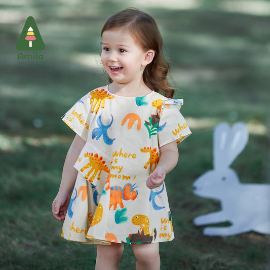 Vestido Infantil Estampa Dinossauro Assimétrico na Lateral