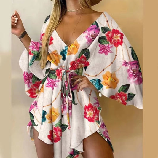 Vestido Assimétrico Curto Manga Longa Ampla Floral